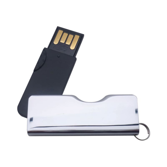 A metallic silver flash drive with a black cap, featuring a keyring attachment and branding.