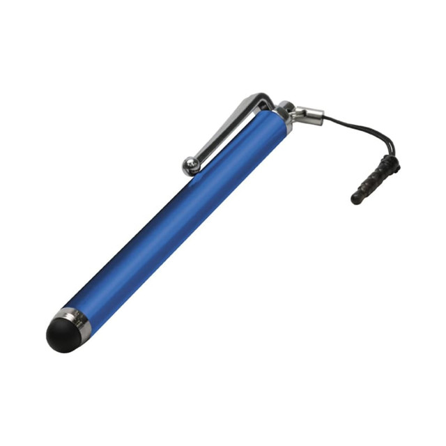 A blue stylus pen with a chrome clip and a black tip, featuring a connector for attachment.