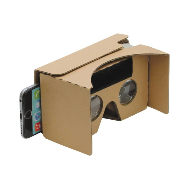 A pair of cardboard virtual reality glasses with a smartphone inserted, featuring clear lenses and a brown exterior.