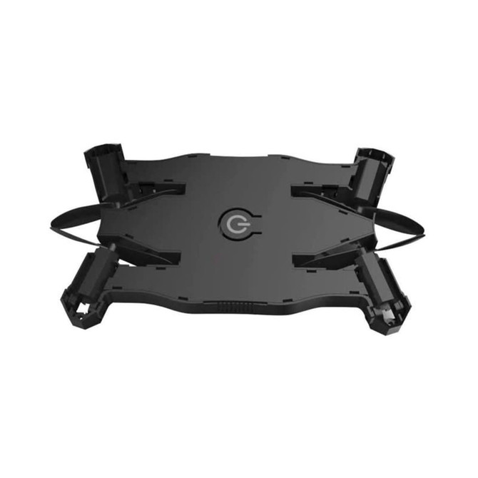 A black foldable drone with four propeller arms, featuring a central logo, designed for compact storage.