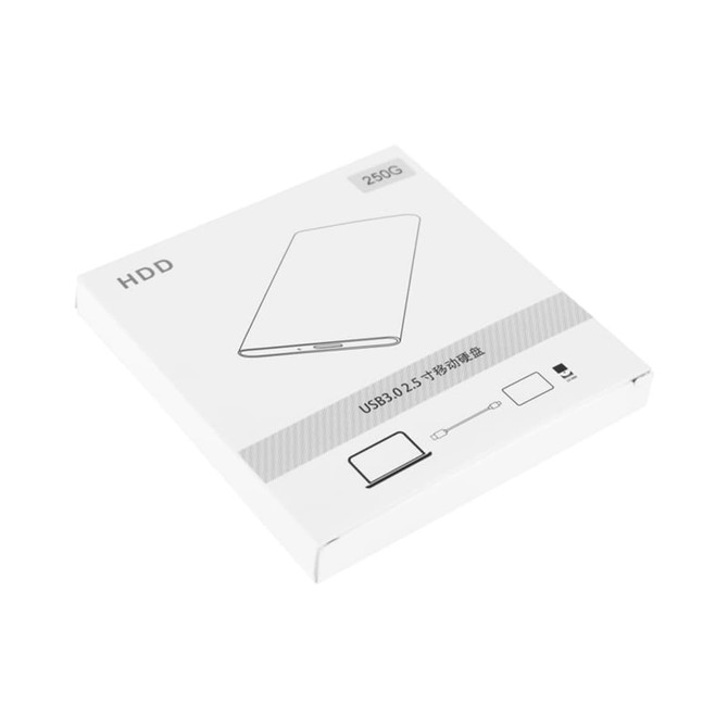 A white box packaging of a USB 3.0 hard drive, featuring a sleek design and a logo.