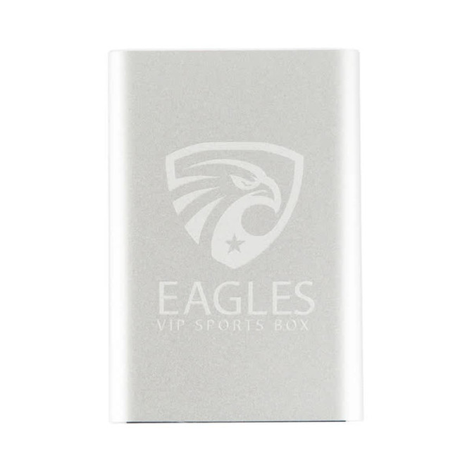 A silver USB 3.0 hard drive featuring a logo on the front, sleek and compact in design.