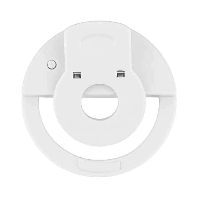 A white Smiley LED selfie light featuring a circular design and a small activation button.
