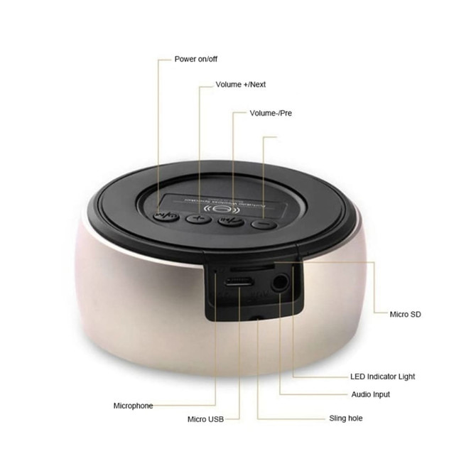 A silver wireless speaker with controls on the top and various input/output ports on the back. It has a logo.