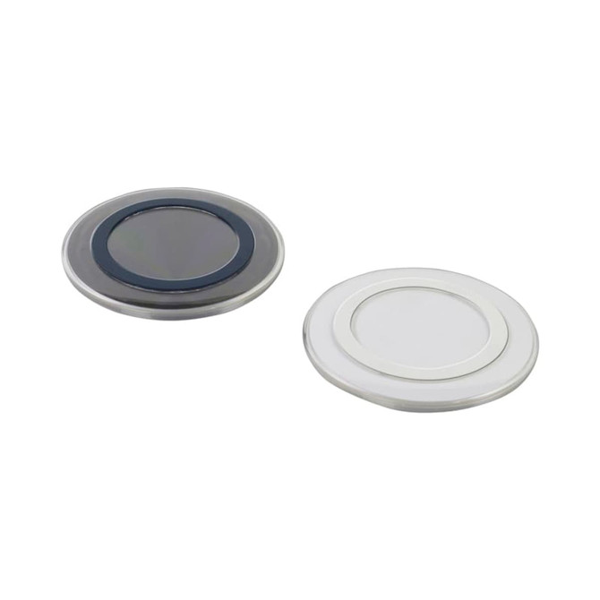 A round wireless charger in black and white with a metallic border, featuring a logo on the centre.