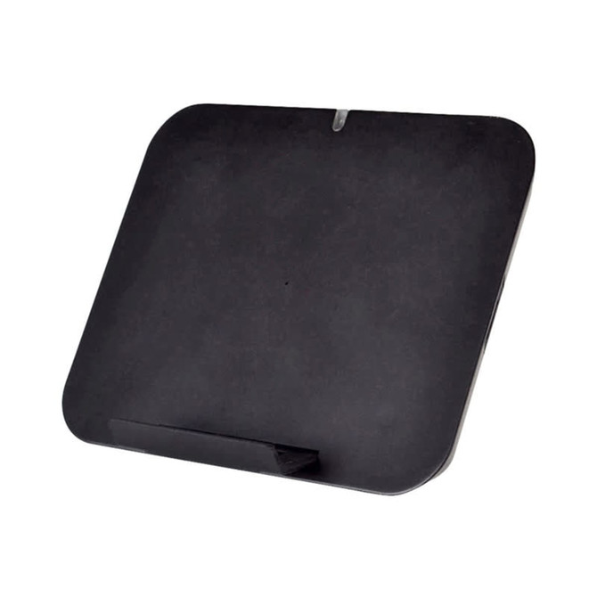 A black wireless charger stand with a sleek, flat design and a small slot for device placement. It features a logo.