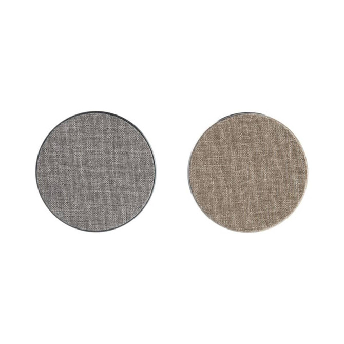 Round wireless chargers in grey and beige tweed fabric with a metallic edge. Each has a branding logo.