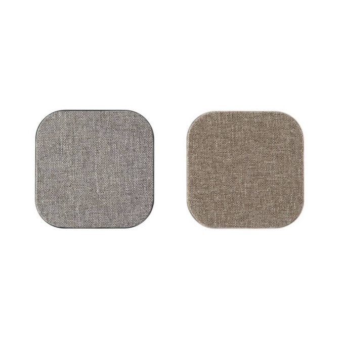 A square wireless charger in grey and beige hues, featuring a textured fabric surface and a logo.