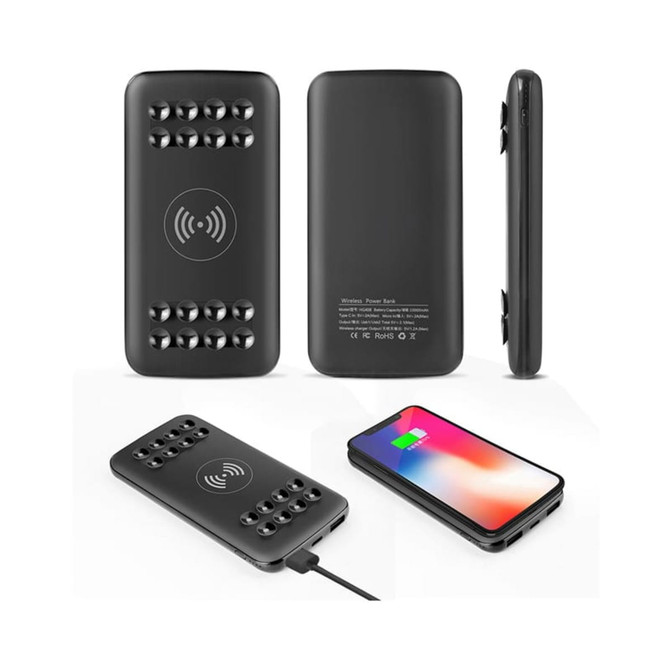 A black wireless power bank with a sleek design, featuring multiple charging ports and a logo.