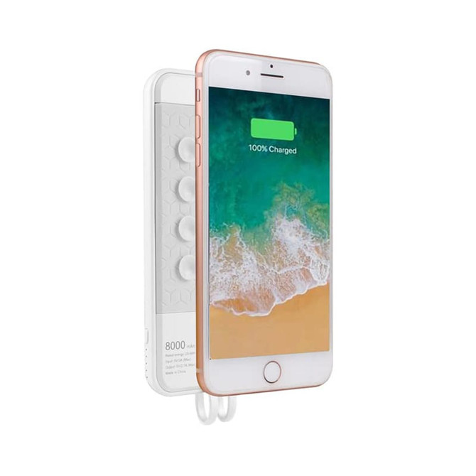 A white wireless power bank with a rose gold edge, featuring a digital screen showing a fully charged phone.