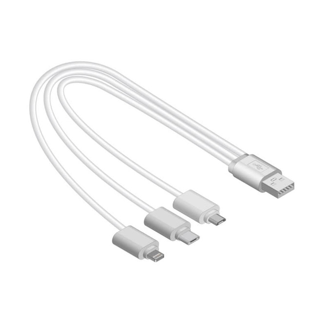 A white charging cable featuring a USB end and three connectors for various devices. It has a simple design.