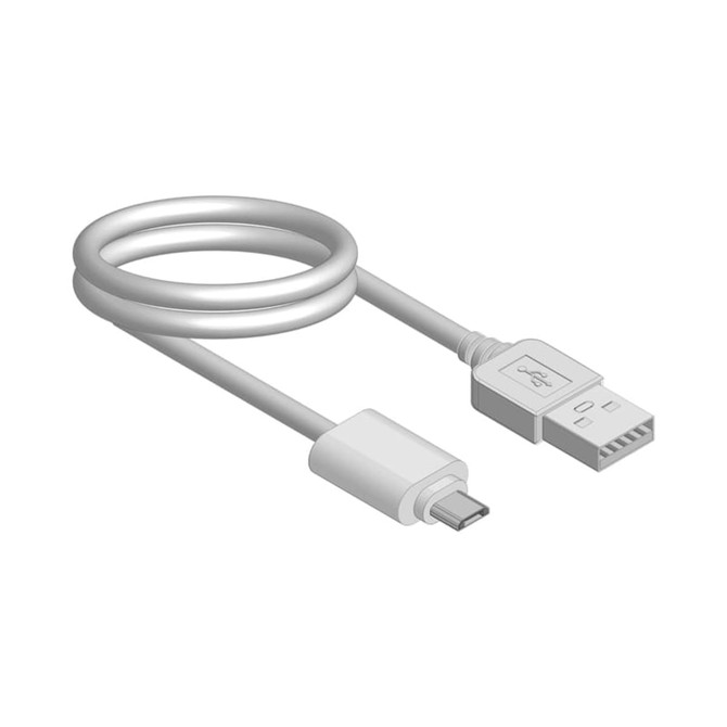 A white USB charging cable, coiled and featuring a standard USB and a micro USB connector.