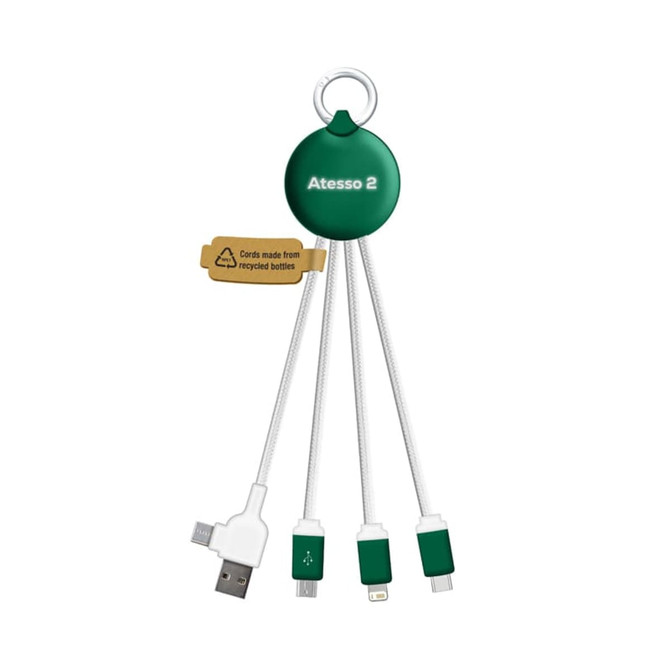 A green LED charge cable with multiple connectors, featuring a recycling symbol. Includes a keyring for convenient storage.