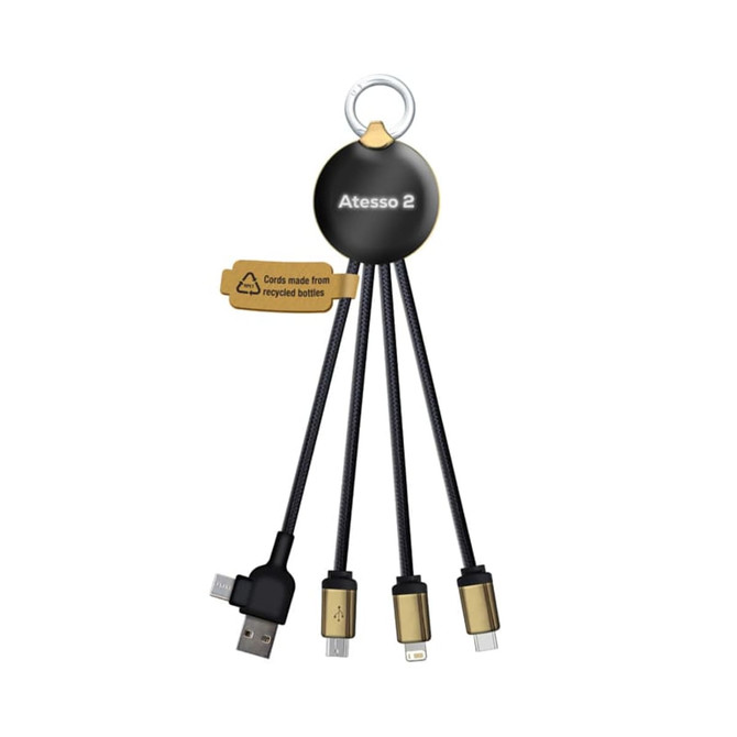 A charging cable in black and gold with multiple connectors, featuring a round logo and a keyring attachment.