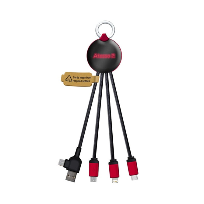 A multi-port charging cable in black and red, featuring a ring for attachment and three connectors for various devices.