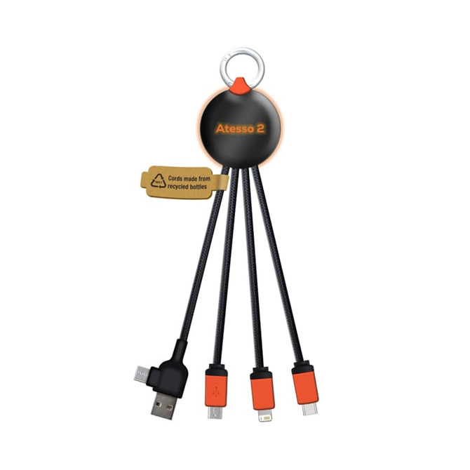 A charging cable featuring multiple connectors: USB-C, Micro USB, and Lightning, with a circular black and orange holder.