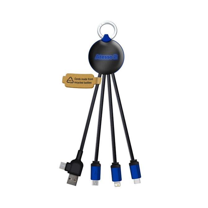 A charging cable with a black and blue connector hub featuring multiple charging tips and a logo.