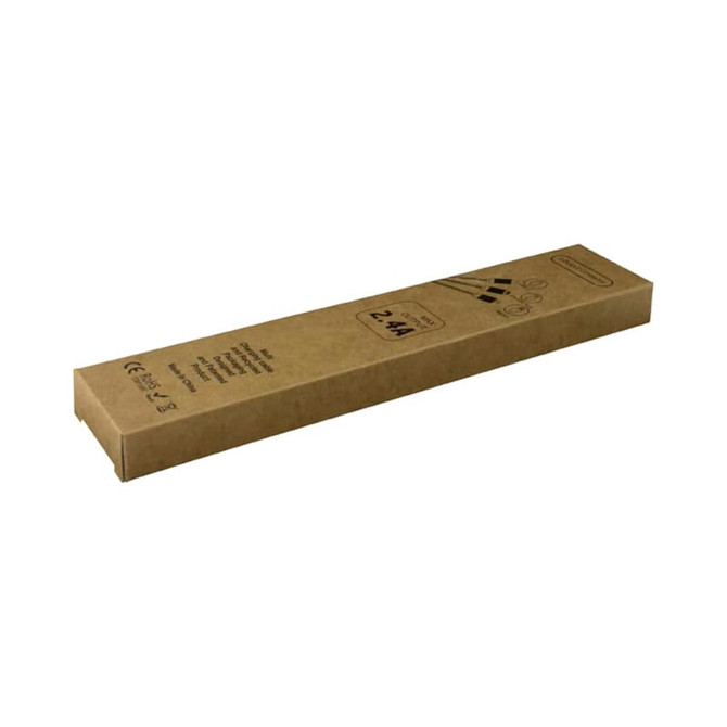 A charging cable packaged in a brown box, featuring icons and a logo on the surface.