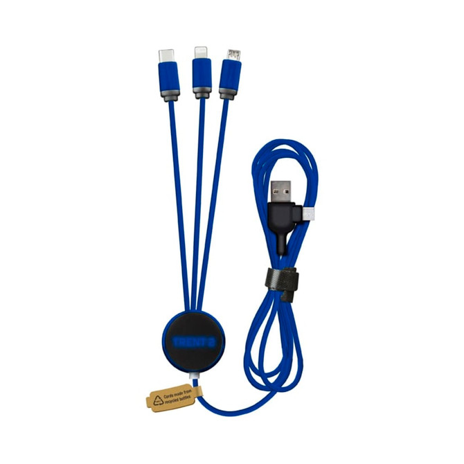 A blue LED charging cable with three connectors: USB, Micro USB, and Lightning, featuring a round hub with a logo.