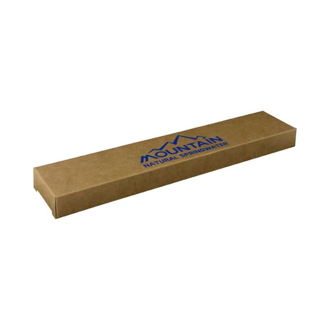 A brown cardboard box with a logo on top, designed for packaging a product, likely a bottled water brand.