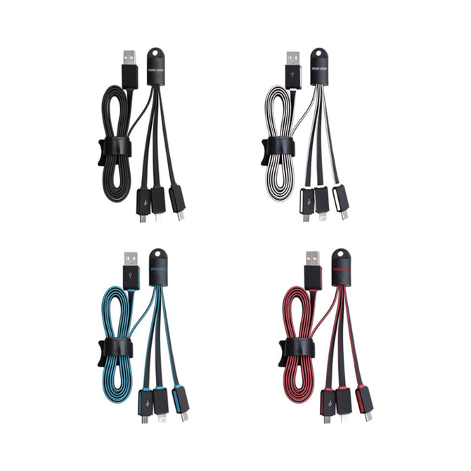 A set of four multi-charge flat charging cables in black, blue, and red, featuring various connector types and cable ties.