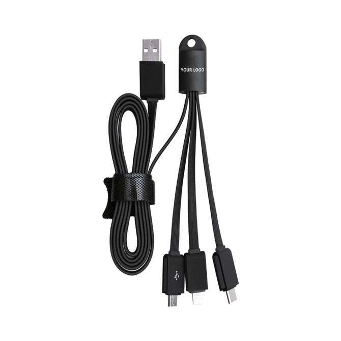 A black multi-charge flat charge cable with USB and two additional connectors. It includes a logo and a cable organiser.