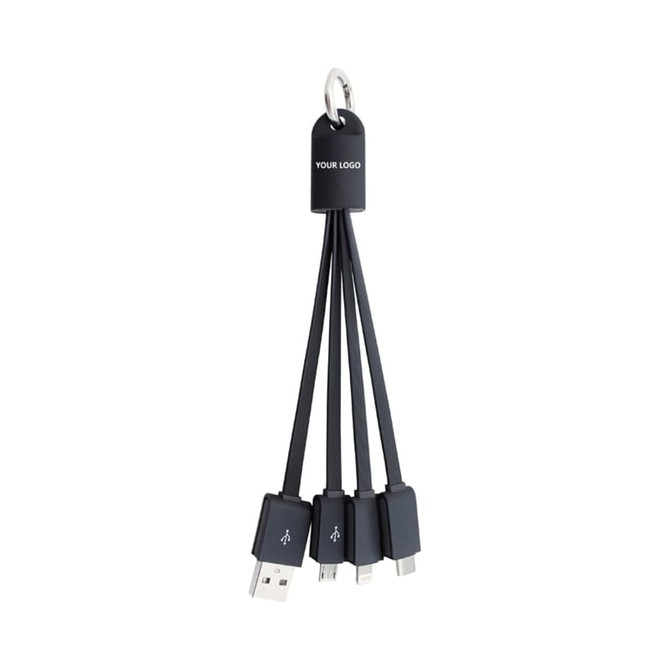 A black multi-charge flat cable with multiple connectors and a keyring for easy carrying. It features a logo.