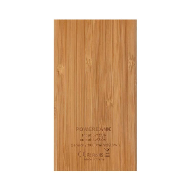 A bamboo-patterned wireless power bank with a 5000 mAh capacity and a discreet logo.