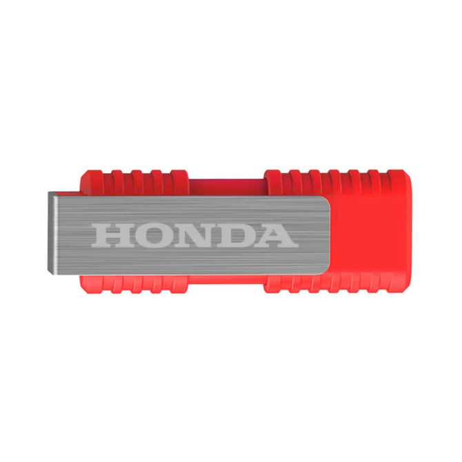 A red flash drive with a silver metal section and a logo, designed for promotional purposes.