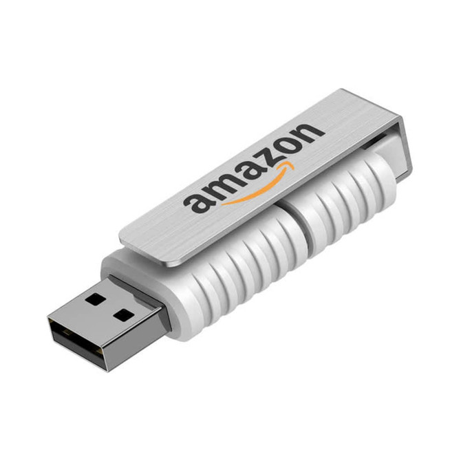 A silver and white flash drive with a logo, featuring a ribbed design and a retractable connector.