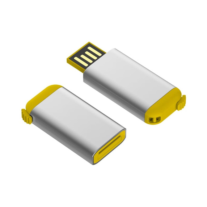 A silver flash drive with yellow accents, featuring a USB connector and a small removable cover.
