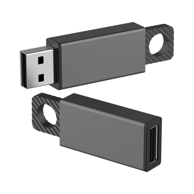 A black Brampton Flash Drive with a USB connector and a textured grip. Features a hole for attachment.