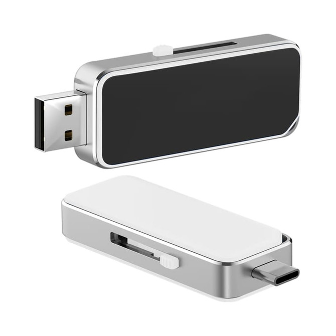 A silver and black Oak Type-C LED flash drive with a white underside, featuring a logo.