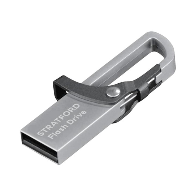 A silver flash drive with a clip design, featuring a logo and sleek metallic finish.