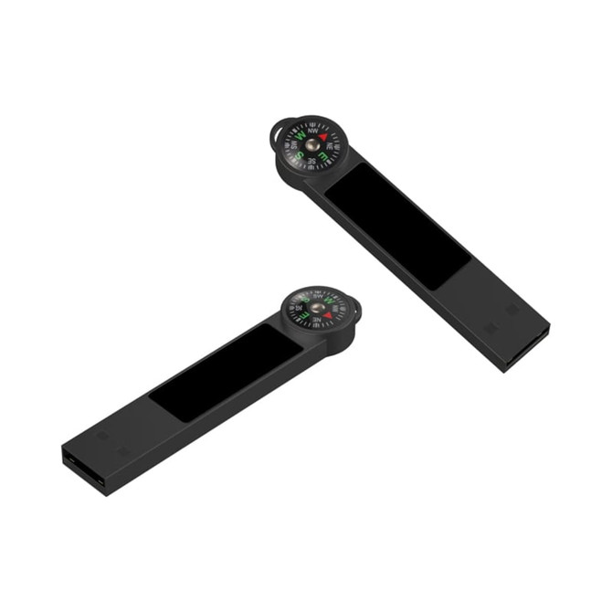 A black Atlas LED flash drive with a compass on one end, featuring a sleek, elongated design.