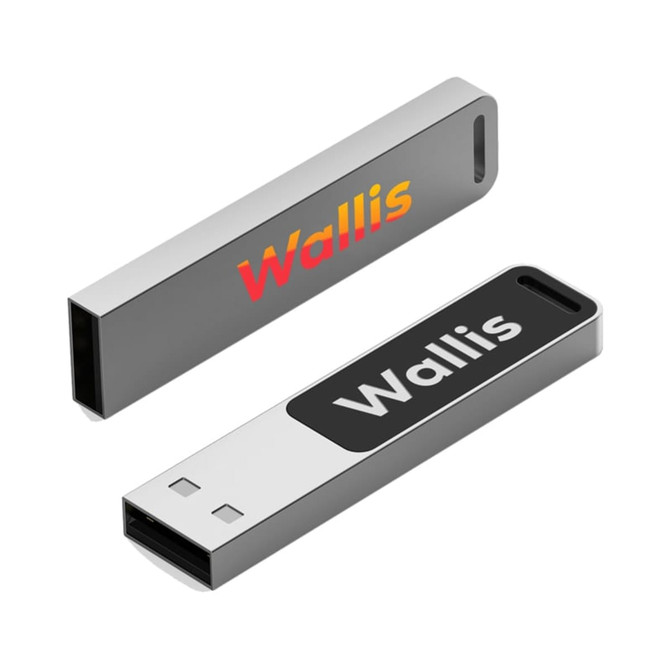 A silver and black USB flash drive featuring a logo on both sides.