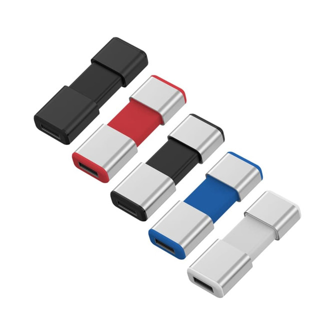 A set of four Harris Type-C flash drives in red, black, blue, and silver, featuring a sleek design and logos.