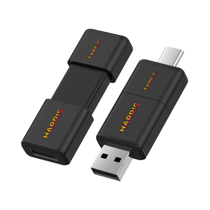 A black Harris Type-C flash drive in two sections, featuring a logo and both Type-C and USB connectors.