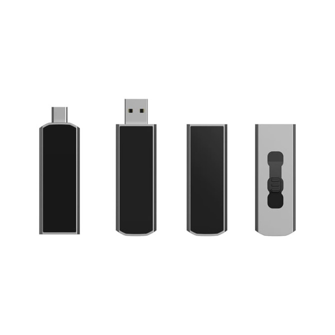 A black Clyde LED Type-C flash drive displayed from multiple angles, featuring a sleek design and a logo.