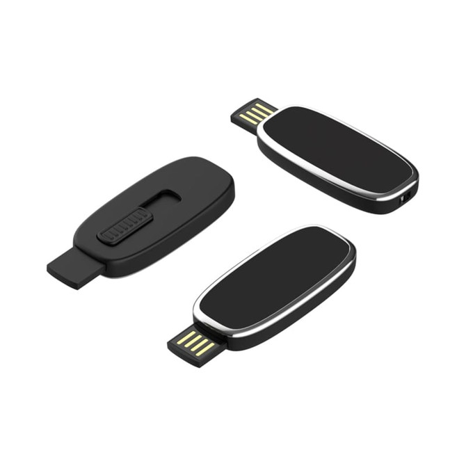 A sleek black LED flash drive with a silver trim, featuring a retractable connector and branding on the surface.