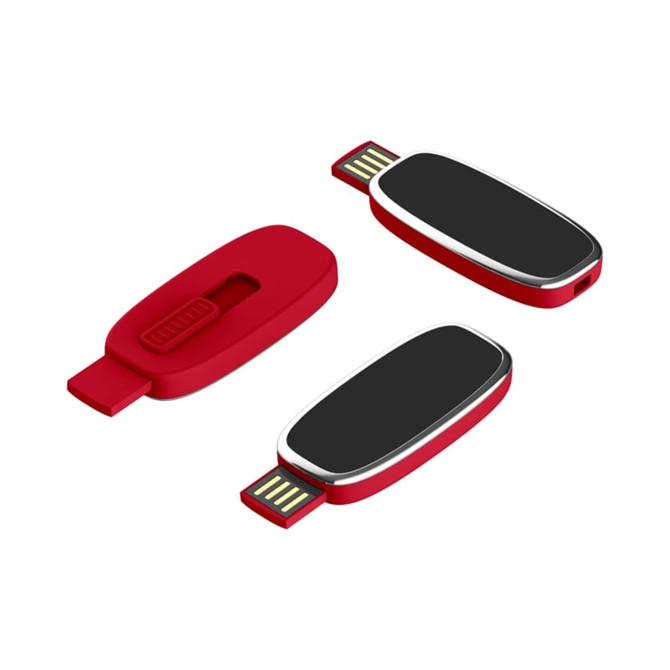 A red Berry LED flash drive with a sliding mechanism, featuring a black area and visible USB connectors.