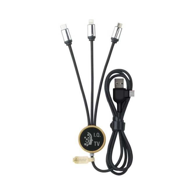 A Vico LED Charge Cable featuring three connectors, black in colour, with a circular device at the top and a branding logo.