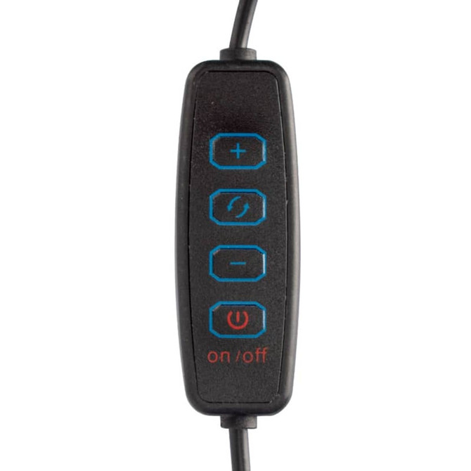A black control panel with five buttons, including a power switch and volume controls, connected by a cable.