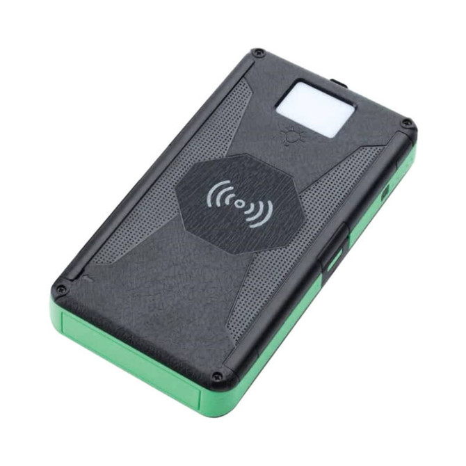 A wireless power bank in black and green, featuring a textured surface and a logo on the back.