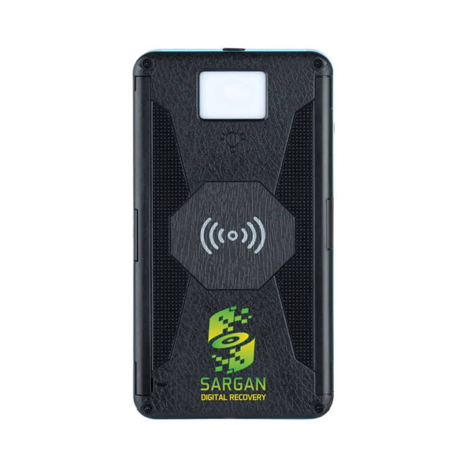 A black wireless power bank with a textured surface and a logo, featuring a wireless charging symbol.