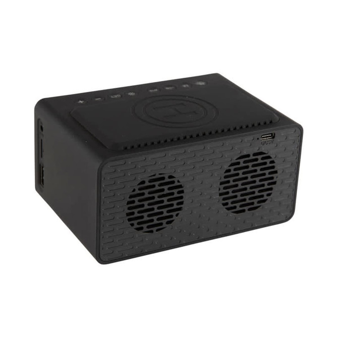 A black wireless charger speaker with two audio grills and a textured surface, featuring control buttons on top.