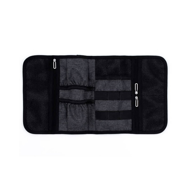 A grey toiletry roll with multiple compartments, mesh pockets, and zippers, featuring a logo.