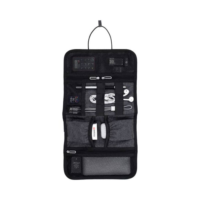 A black toiletry accessory roll featuring various compartments and pouches for organising small items.
