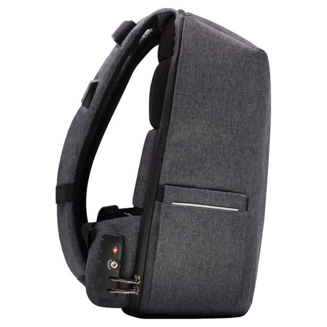 A grey backpack with a sleek design, featuring zippers, a side pocket, and an integrated logo.