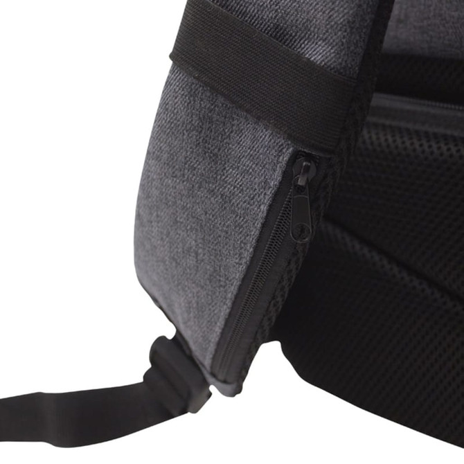 A grey backpack with a zippered pocket and padded straps, featuring a mesh design on the back.